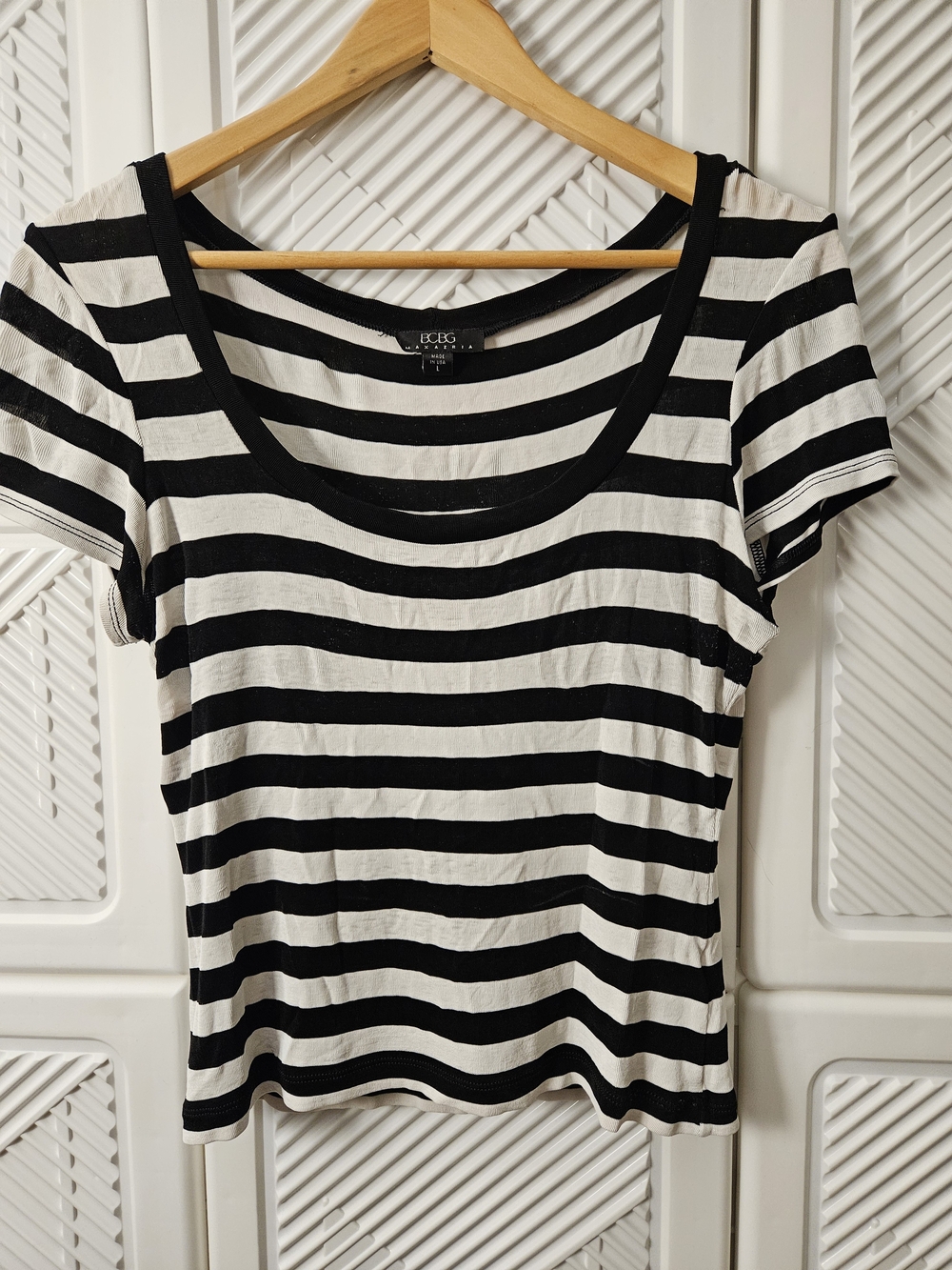 BCBG Black and White Striped Scoop Neck Short Sleeve Top